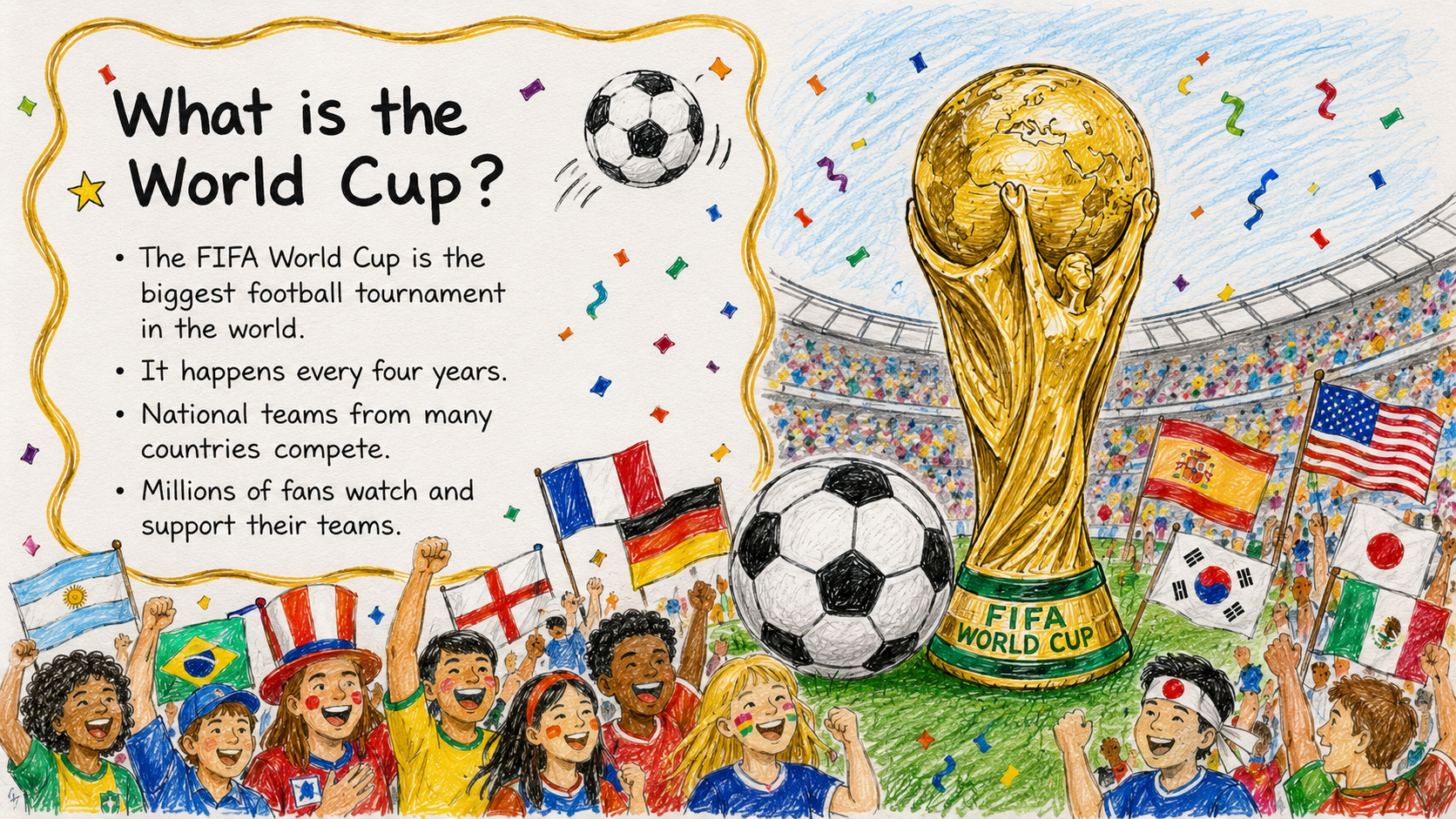 Ilustração colorida da Copa do Mundo com troféu, torcida, bandeiras e bolas de futebol.